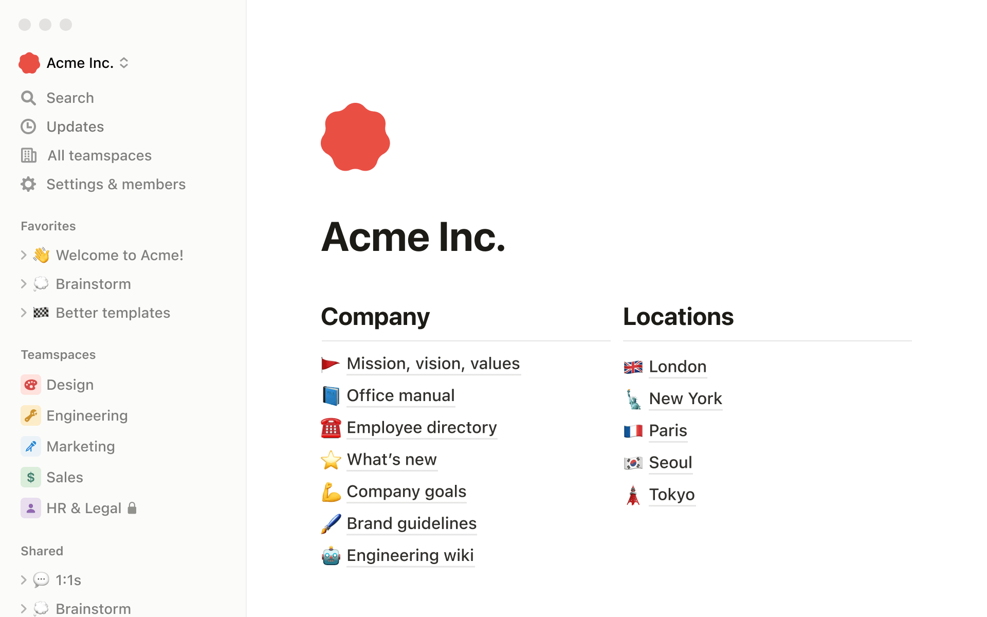 A screenshot of a Notion workspace showing a company's home