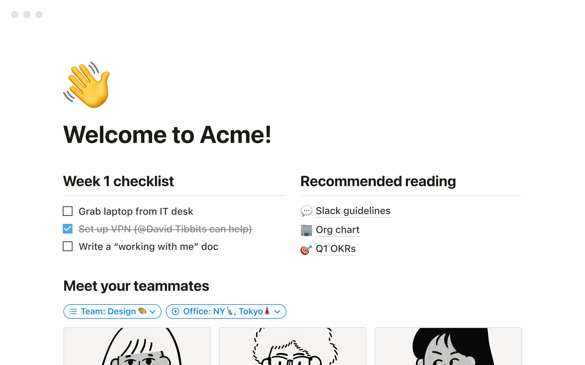 A screenshot of a Notion workspace showing an employee onboarding document
