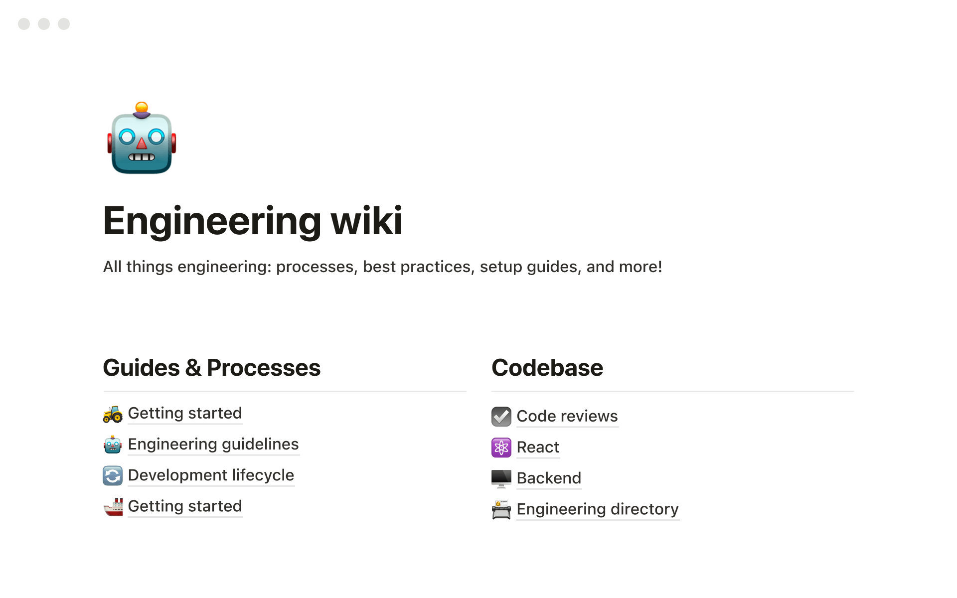 A screenshot of a Notion workspace showing an Engineering Wiki